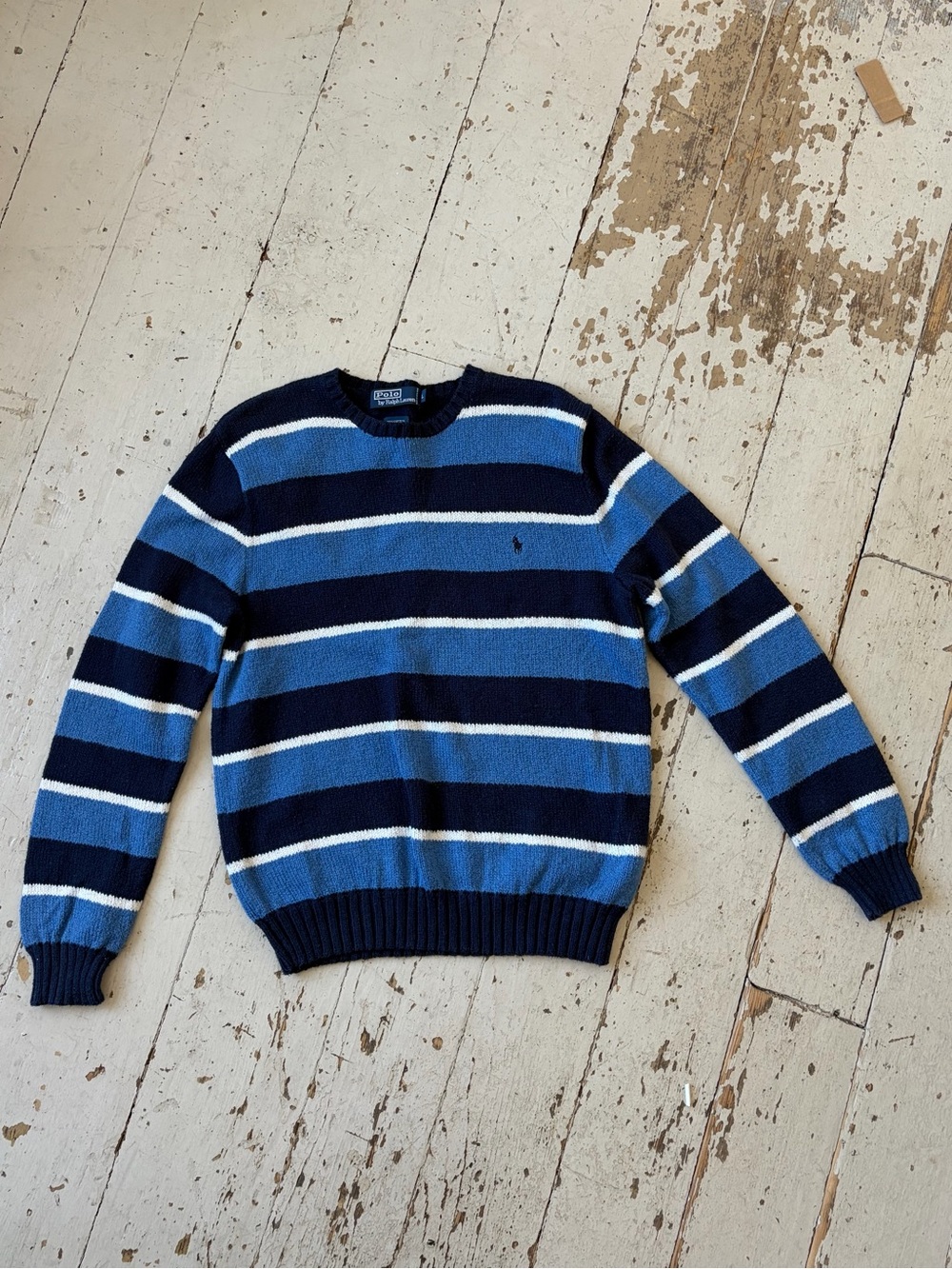 Vintage 90s Polo by Ralph Lauren Blue Striped Crewneck Knit Sweater